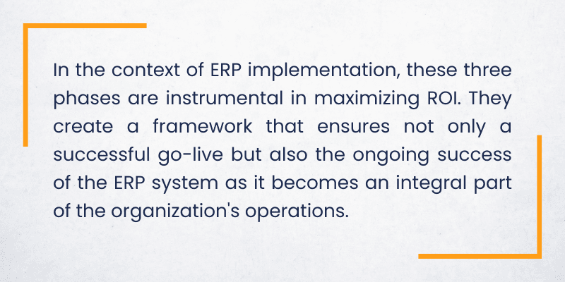 In the context of ERP implementation, these three phases are instrumental in maximizing ROI. They create a framework that ensures not only a successful go-live but also the ongoing success of the .png